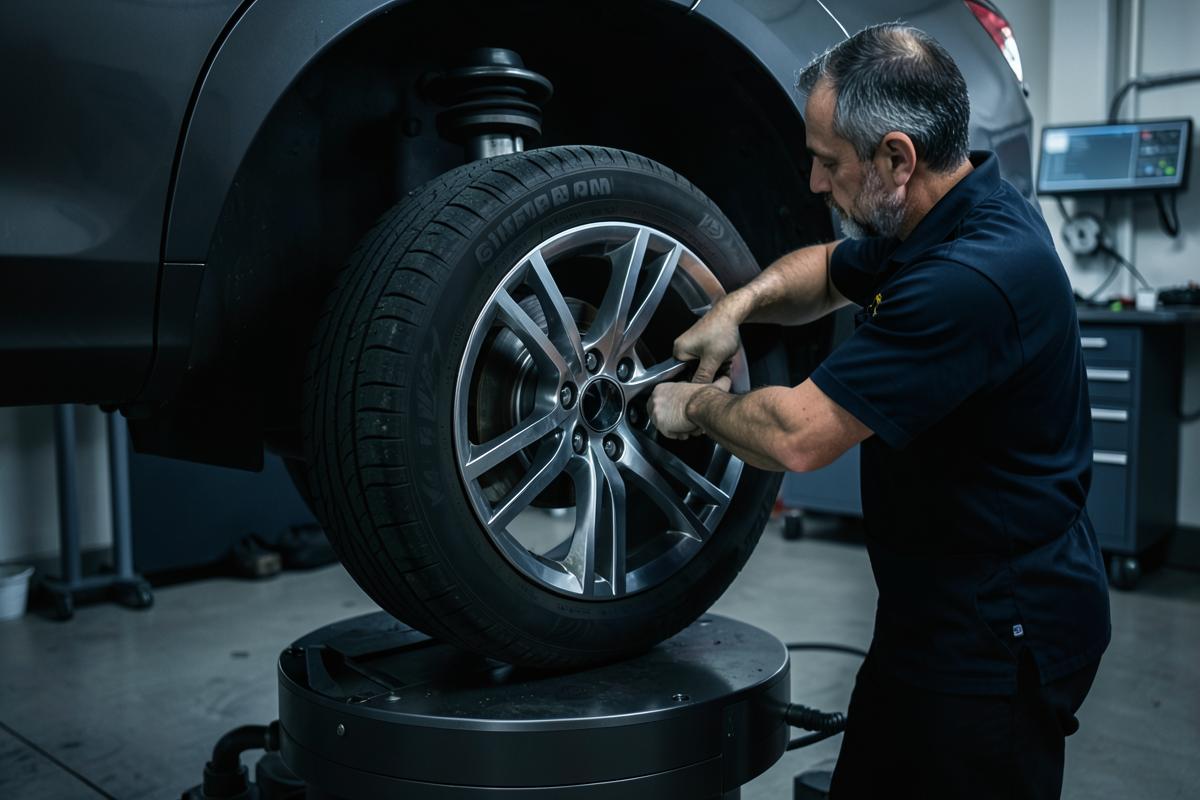 Autowiel op een balanceermachine in de werkplaats